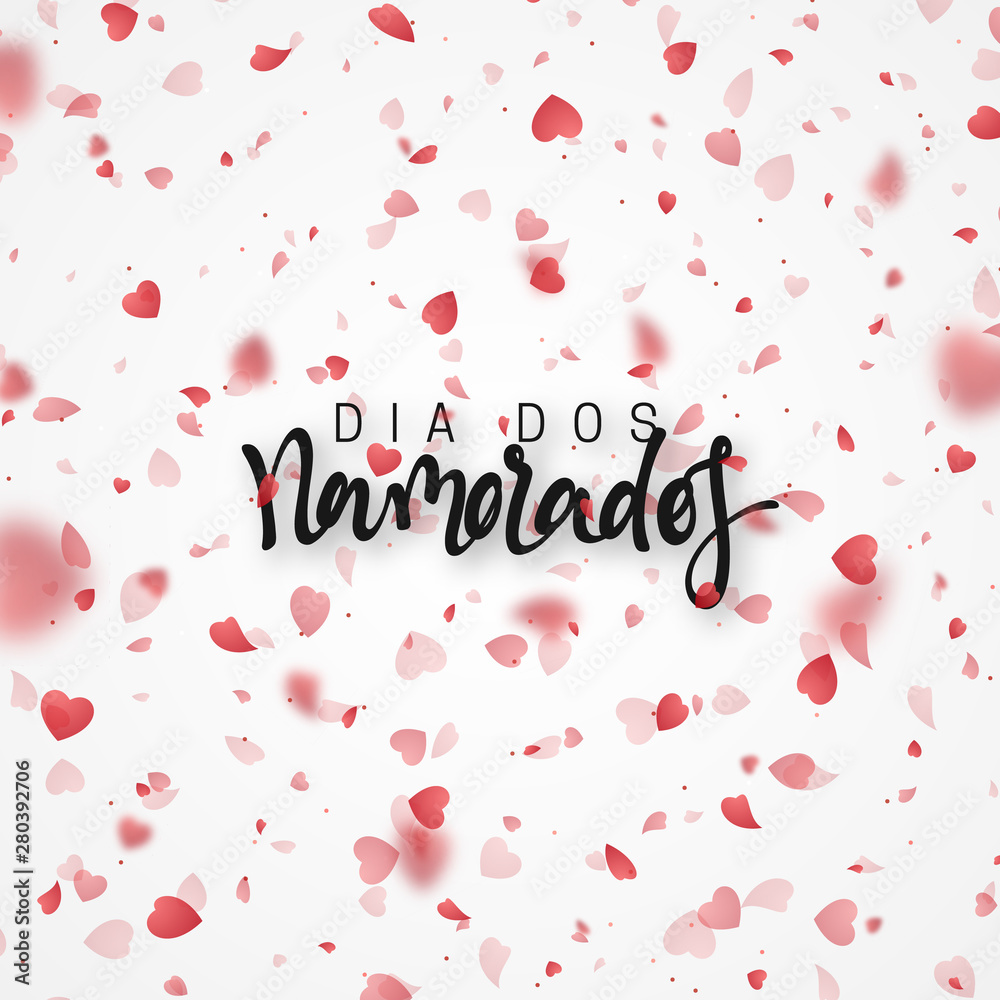 Happy Valentines Day. lettering French Inscription handmade. Dia dos Namorados. Holiday Greeting card. Bright red hearts flying in the form of petals on a white background. Pink heart in frame. Happy Valentines Day. lettering French Inscription handmade. Dia dos Namorados. Holiday Greeting card. Bright red hearts flying in the form of petals on a white background. Pink heart in frame.