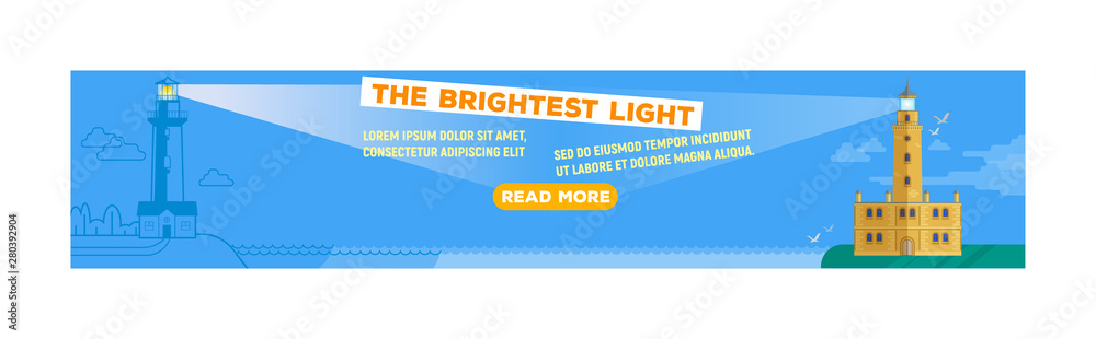 Lighthouse vector banner, the sea beacon lighter for ship beaming path of lighting from seaside coast set of backdrop illustration. Lighthouses marine background