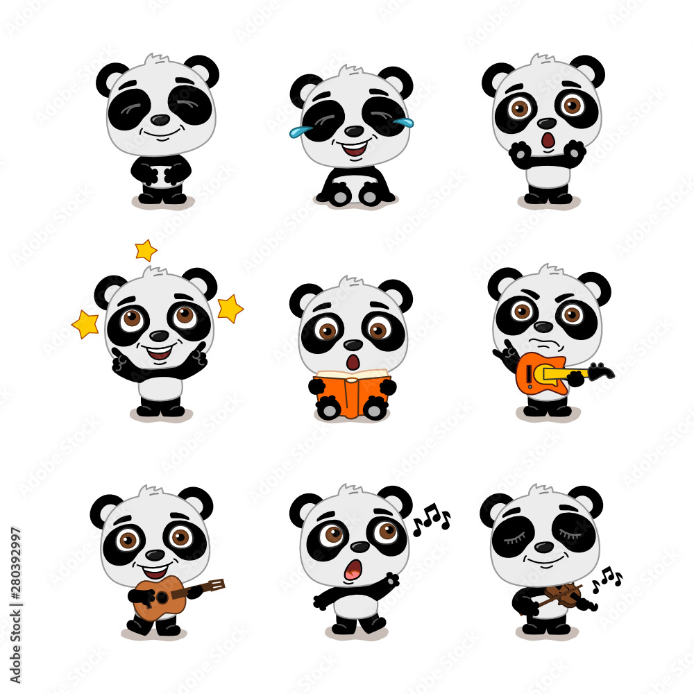 Obraz premium Collection of cute Panda bears in cartoon style in different poses and with musical instruments isolated on white background