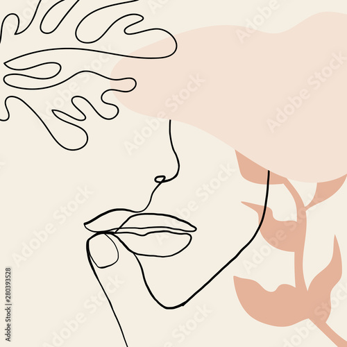 Continuous line, drawing of woman face, fashion concept, woman beauty minimalist with geometric doodle Abstract floral elements pastel colors. One line continuous drawing. vector illustration