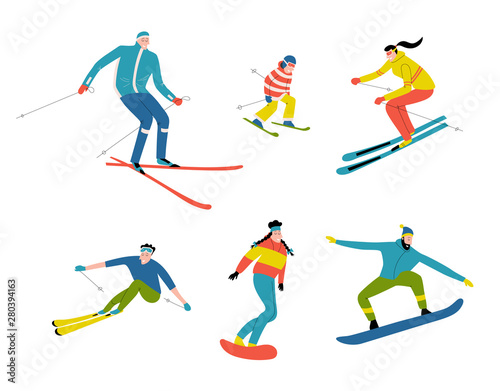 Skiers and snowboarders, cute doodle people. Funny cartoon men, women and child in the ski resort. Winter mountain sports activity. Hand drawn vector flat illustration, isolated on white.