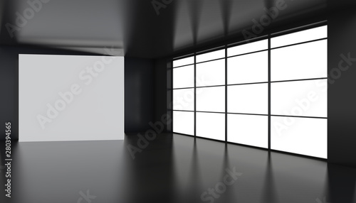 Large white billboard standing near a window in a black room. 3D rendering.