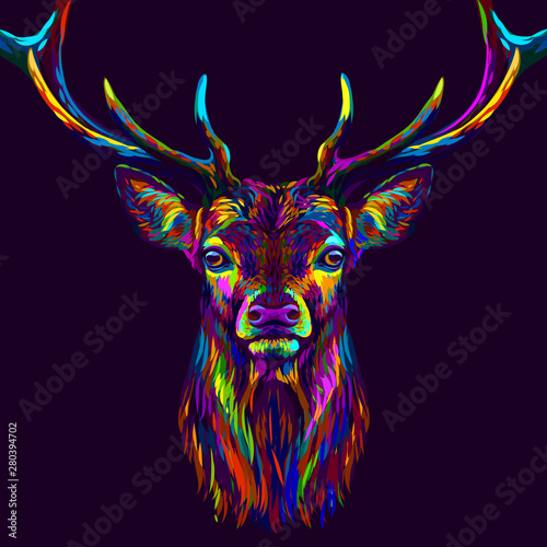 Deer. Abstract, neon, multi-colored portrait of a deer's head on a dark purple background.