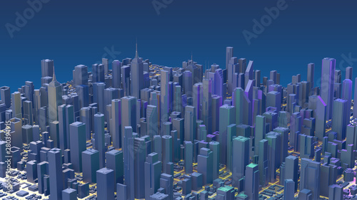 Downtown city skyscrapers. City with glow lines road and digital elements. 3D Rendering.