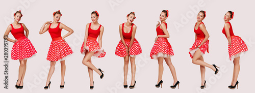 set of smiling pin up woman in polka dot red dress. cute girl posing in retro style photo