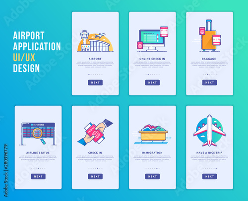 UI & UX design airport concept mobile phone interface vector. mobile apps, modern template, airline application, step to airport.