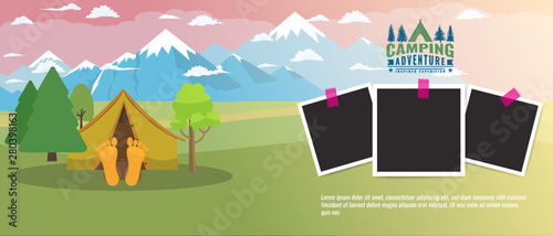 Camping concept flat horizontal banner. Tourism advertisement layout with photo frames. Vector illustration