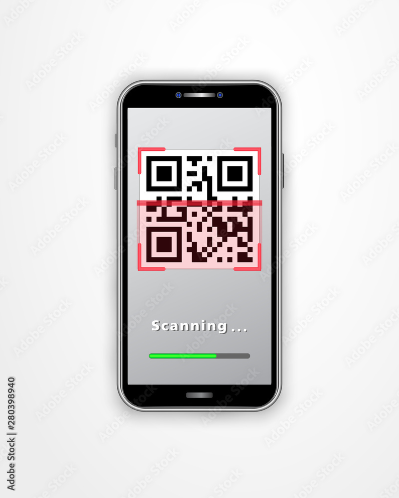 Smartphone with QR code scanner mobile app and loading bar isolated on white background. Payment, online shopping, mobile app, retail cashless technology concept. Smartphone with QR code scanner mobile app and loading bar isolated on white background. Payment, online shopping, mobile app, retail cashless technology concept.