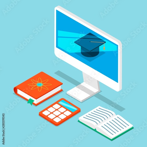 Self education computer programmer, business analysis vector illustration. 3D Isometric. Computers monitor with college hat, books and calculator for online self education science.