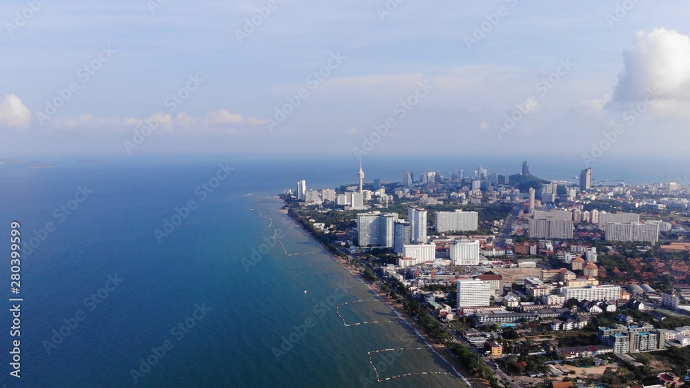 Beach and sea in Pattaya Chonburi, Thailand, top view. 