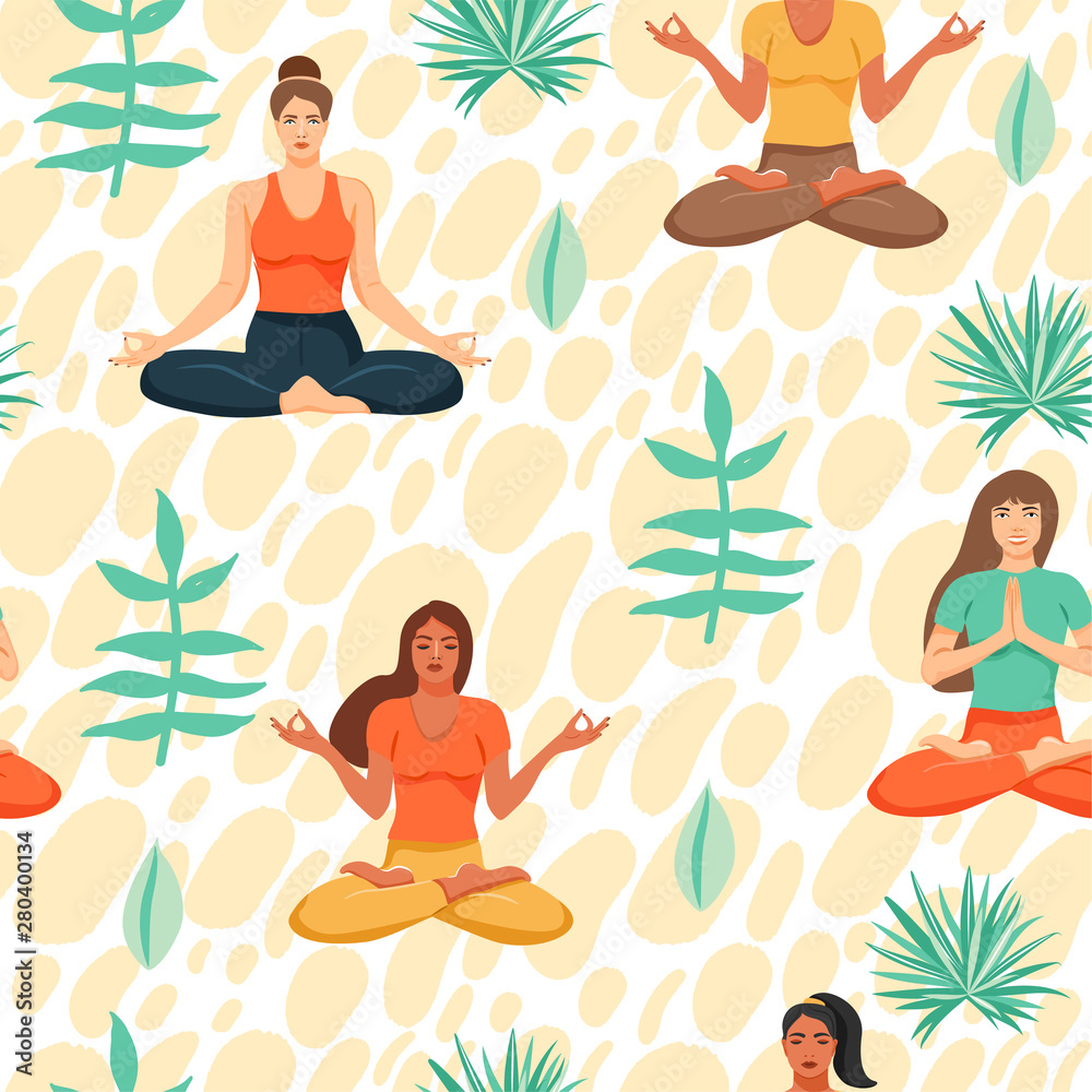Seamless pattern with women in lotus yoga poses. Healthy lifestyle and yoga concept. People and leafs. Texture for textile, wrapping paper and packaging. Vector on abstract background. Seamless pattern with women in lotus yoga poses. Healthy lifestyle and yoga concept. People and leafs. Texture for textile, wrapping paper and packaging. Vector on abstract background.