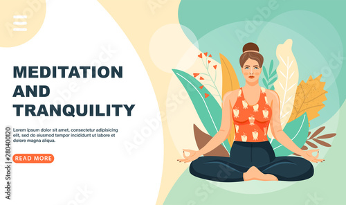 Healthy lifestyle and yoga concept. Cute girl sitting in lotus posture and meditating. Website landing page design template. Vector illustration.