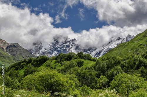 Georgia, Svaneti, Trek from Ushguli to Shkhara glacier. Beautiful view of valley, multi-colored ,Nature and travel. © sjv156