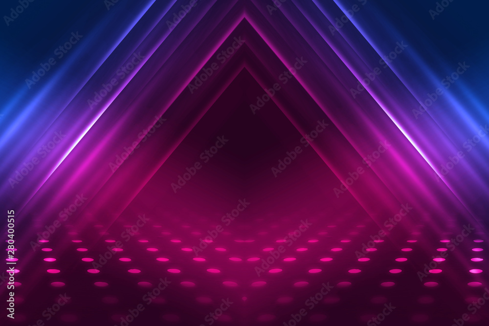 Fototapeta premium Empty background scene. Dark reflection of the street on the wet asphalt. Rays of blue and pink neon light in the dark, neon figures, smoke. Background of empty stage show. Abstract dark background.