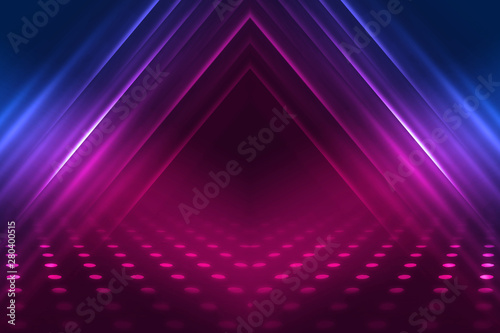 Empty background scene. Dark reflection of the street on the wet asphalt. Rays of blue and pink neon light in the dark, neon figures, smoke. Background of empty stage show. Abstract dark background.