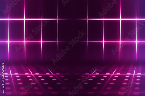 Empty background scene. Dark reflection of the street on the wet asphalt. Rays of blue and pink neon light in the dark, neon figures, smoke. Background of empty stage show. Abstract dark background.