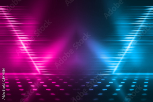 Empty background scene. Dark reflection of the street on the wet asphalt. Rays of blue and pink neon light in the dark, neon figures, smoke. Background of empty stage show. Abstract dark background.