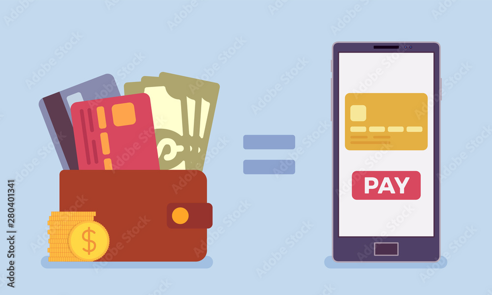 Mobile payment money. Wallet, smartphone payment service, electronic pay, marketing using computer technology, phone to make financial transactions, purchases. Vector flat style cartoon illustration