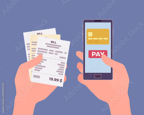 Digital bill for mobile payment. Consumer holding in hands smartphone and check to pay for online goods, products, support, service, content. Quick easy process. Vector flat style cartoon illustration