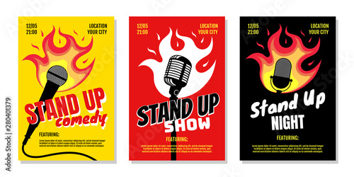 Stand up club comedy night live show A3 A4 poster design templates. Retro mike with fire on yellow red black background. Hot jokes roasting concept flyer. Vector open mic illustration