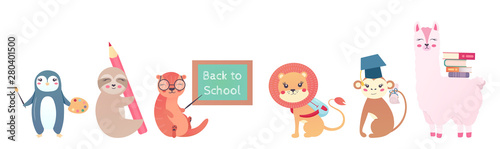 Set back to school Animals hand drawn style, education theme. Cute characters.  Vector illustration penguin, sloth, beaver, lion, monkey, lama