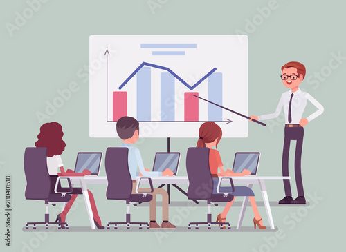 Business presentation and briefing in the office. Demonstration, lecture to present a new idea, annual speech to inform, inspire and motivate company employees, Vector flat style cartoon illustration