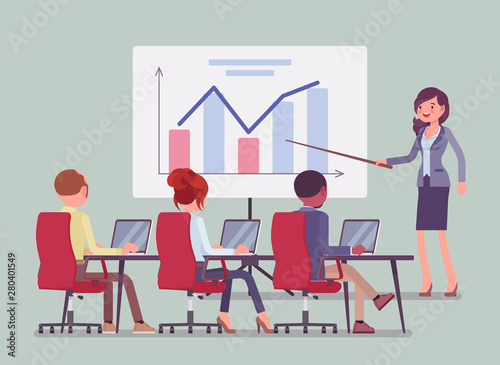 Business presentation and meeting in office. Gathering for selling idea or product, training purposes, speech to motivate company audience, tutorial for workers. Vector flat style cartoon illustration