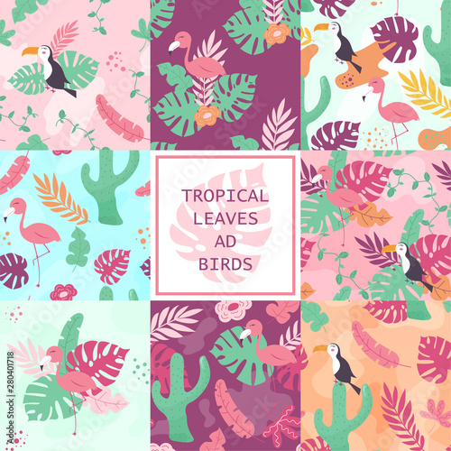 Set Tropical seamless pattern with toucan, flamingos, cactuses and exotic leaves. Vector illustration print