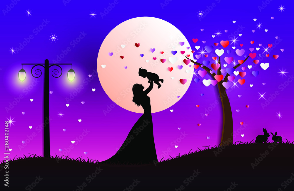 Plakat Mom holding her son on night moon and tree background with floating little heart
