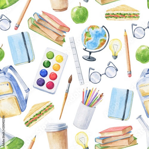 Watercolor school seamless pattern, repeating background. Education hand drawn illustration.