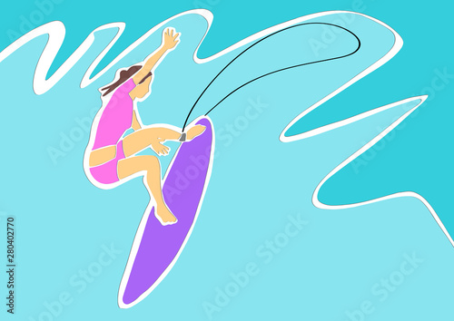 Surfing. Silhouette of female surfer in swimsuit on surfboard. Active lifestyle cartoon. Contemporary applique or paper cut style. Colorful vector abstract illustration.
