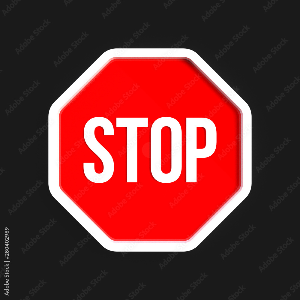 Stop red sign 3d rendering illustration. Warning stop symbol isolated on black background. Stop red sign 3d rendering illustration. Warning stop symbol isolated on black background.
