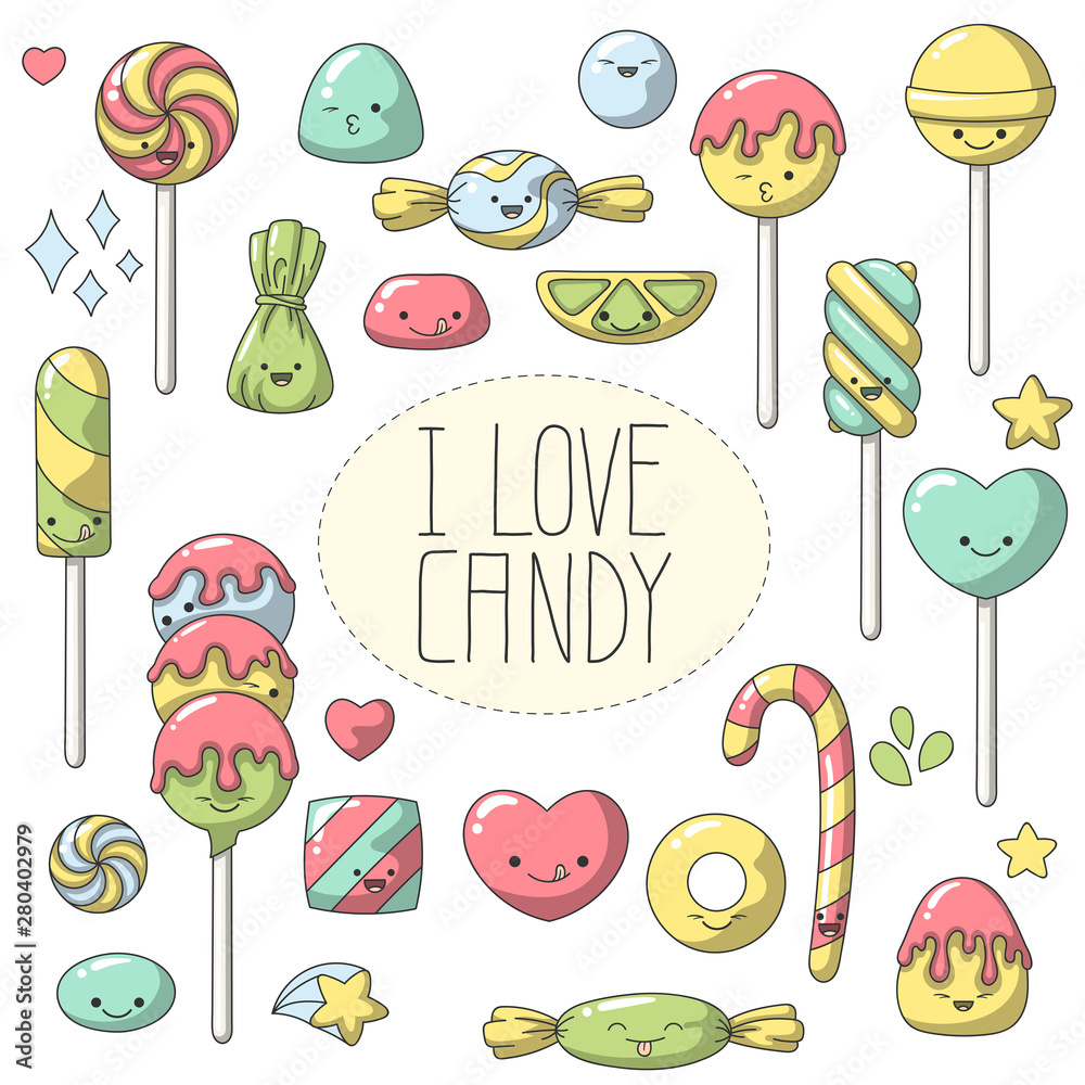 Doodle candy in Kawaii style. Set of cute cartoon characters. Vector  collection for stickers, patches, badges, pins. Hand drawn style doodle.  Stock Vector | Adobe Stock