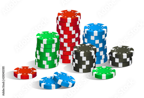 Colorful red, green, blue and black casino chips stack isolated