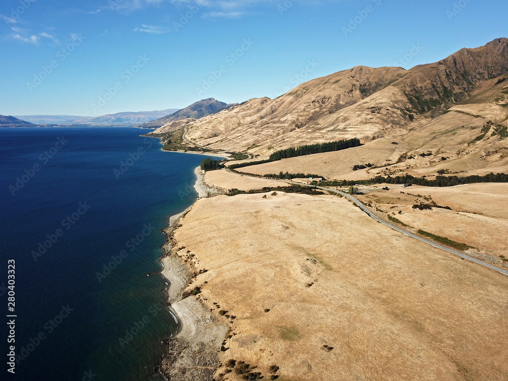 Aerial view of Lake Hawea & road to the West Coast, New Zealand