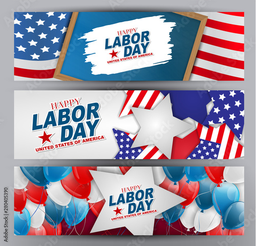 Labor Day banner or header set. USA holiday design concept with national flag, stars, balloons. Advertisement layout with typography. Vector illustration.