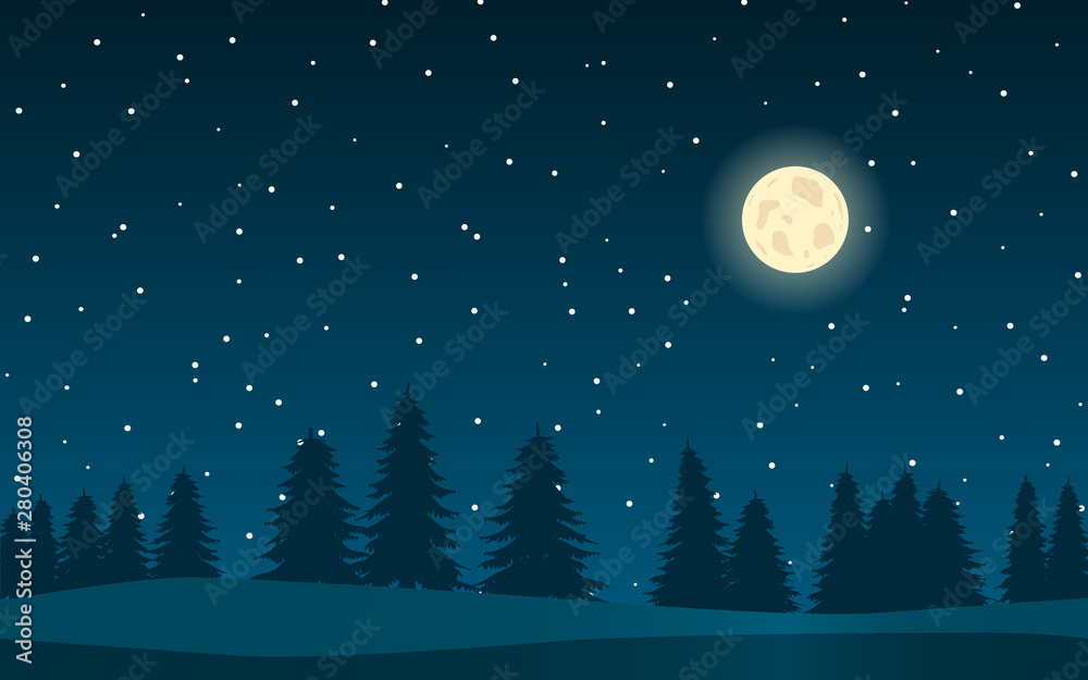 Background with night landscape with forest, moon and stars.