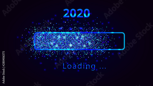 New Year 2020 numbers with magic loading progress bar, blue glitter and sparkles. Template design for holiday web banner, poster, wallpaper, carnival, greeting card or invitation, end of year...