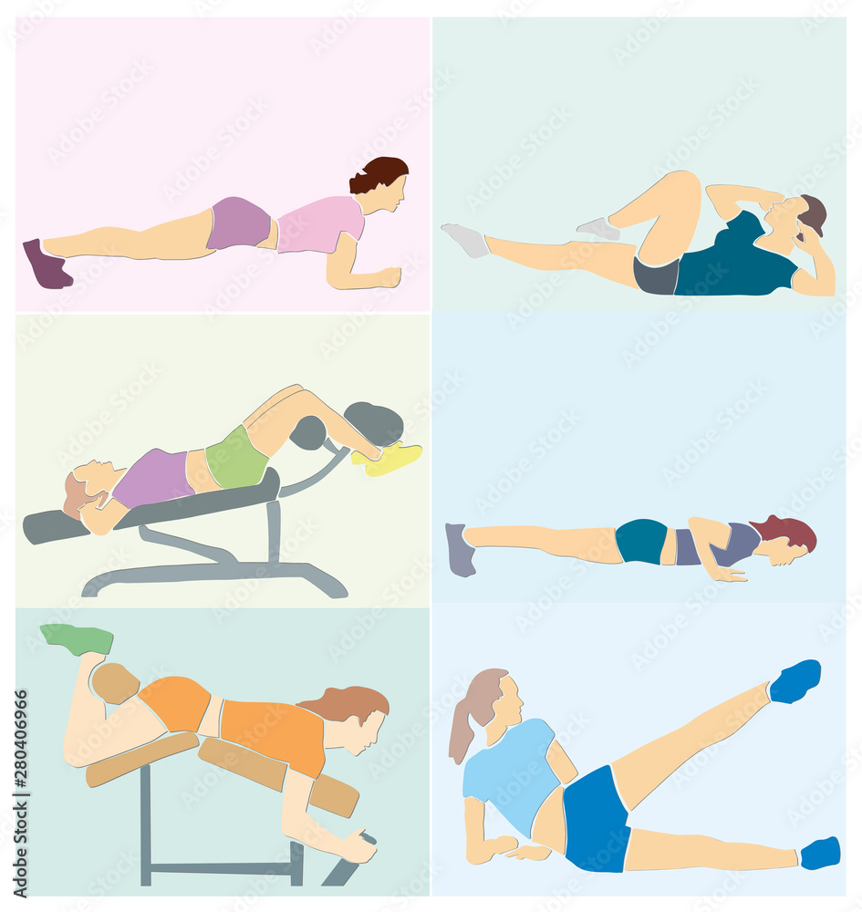 Women's fitness. Set of healthy lifestyle concept cartoon. Collection of sports exercises. Applique or paper cut style. Colorful vector abstract illustration. Women's fitness. Set of healthy lifestyle concept cartoon. Collection of sports exercises. Applique or paper cut style. Colorful vector abstract illustration.