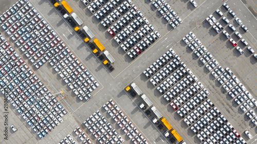 Aerial view new cars export terminal, New cars waiting for import export at deep sea port.