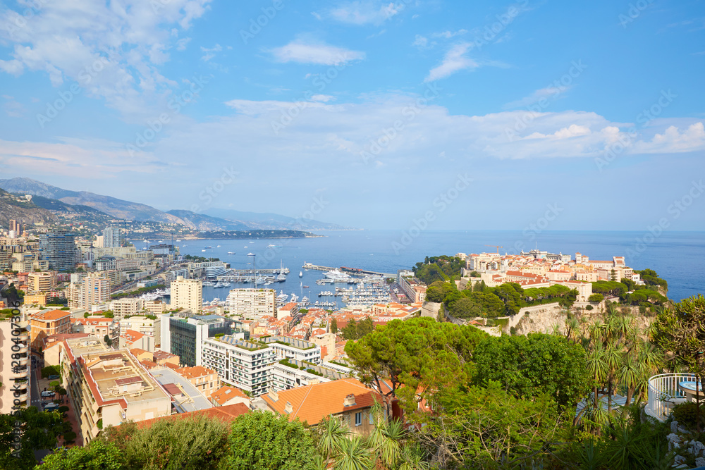 Monte Carlo city high angle sea view and coast with mediterranean vegetation in Monte Carlo, Monaco