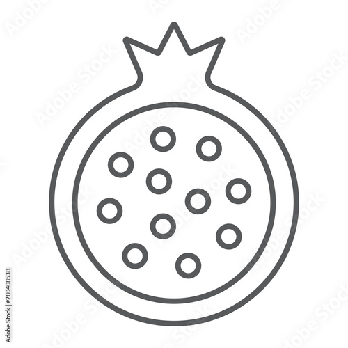 Pomegranate thin line icon, food and fruit, garnet sign, vector graphics, a linear pattern on a white background.