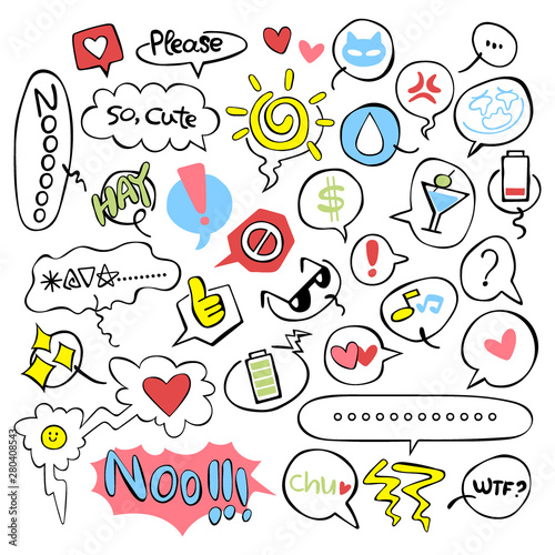 Set. Emotions. Smilies. Question mark. Exclamation point. Dialog cloud. Isolated vector objects on white background.