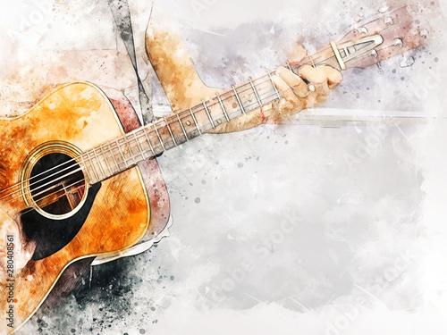Fototapeta Naklejka Na Ścianę i Meble -  Abstract colorful shape on acoustic Guitar in the foreground on Watercolor painting background and Digital illustration brush to art.