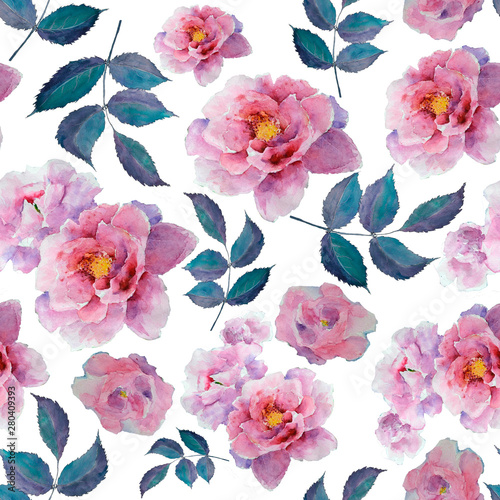 Fototapeta Naklejka Na Ścianę i Meble -  Watercolor floral pattern and seamless background of peony and leaf. Hand painted. Gentle design for fabric, wrap paper or wallpaper. Raster illustration.