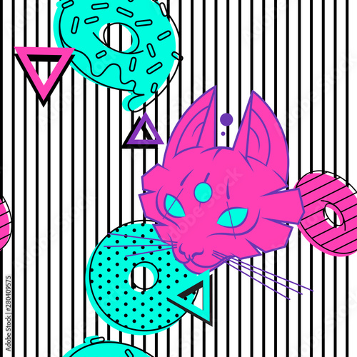 Abstract psychedelic pattern with pop and zine culture on black stripes background
