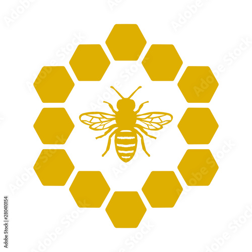 Honey Bee Icon Isolated on White Background with Honeycomb Frame.