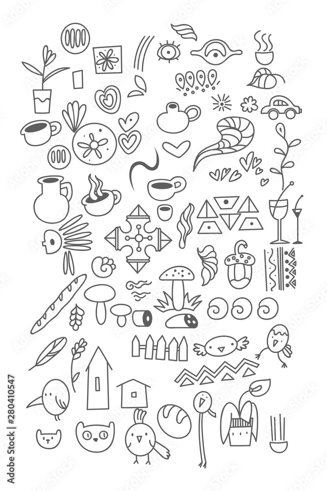 Hand drawn set of doodle outline icons
