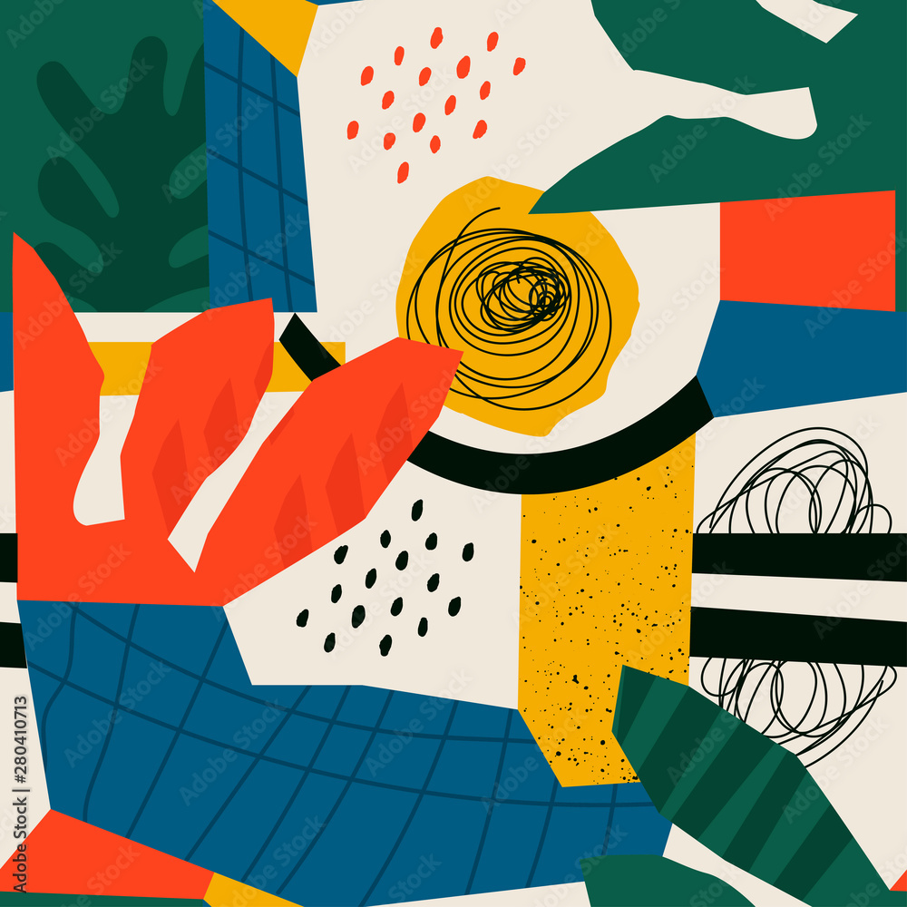 Hand drawn various shapes and leaves, spots, dots and lines. Different colors. Abstract contemporary seamless pattern. Modern patchwork illustration in vector