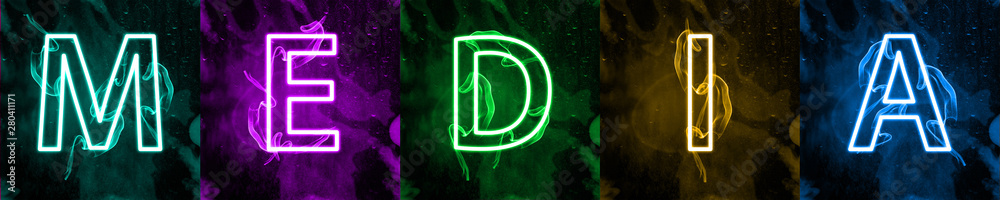 Social media's interactions in colorful neon light. Internet digital marketing, modern mass media's term. Sign against dark background. Stylized colorful letters of MEDIA banner. Social media's interactions in colorful neon light. Internet digital marketing, modern mass media's term. Sign against dark background. Stylized colorful letters of MEDIA banner.